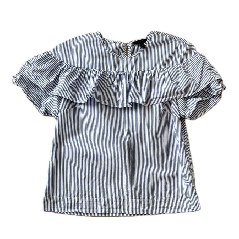 J.Crew Sz 6 Womens Blouse Short-Sleeve, Ruffle Striped Blue White Top